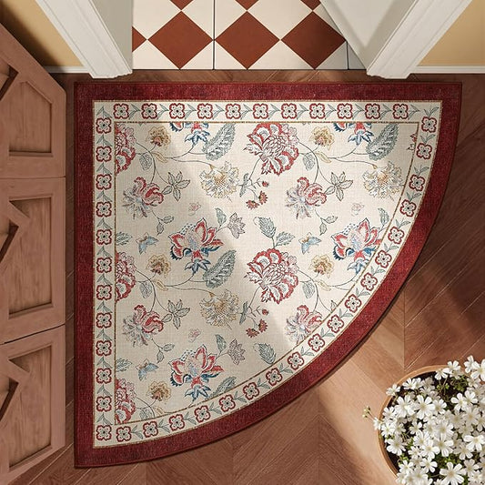 jinchan Elora Floral Corner Rug for Entryway Washable Kitchen Rug Vintage Romance Design Non Slip Quarter Circle Lightweight Low-Pile Throw Carpet for Playroom Reading Nook, 4ft Radius, Red/Beige