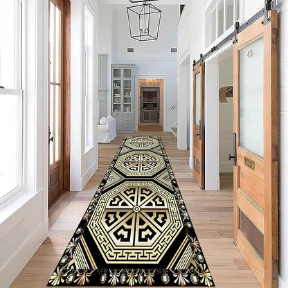 Black Gold Art Runner Rugs, 4x10ft, Vintage Greek Key Entrance Rug, Baroque Aesthetic Non-Slip Low Pile Soft Carpets, Cozy Absorbent Durable Non-Shedding Mat for Hallway Bedroom