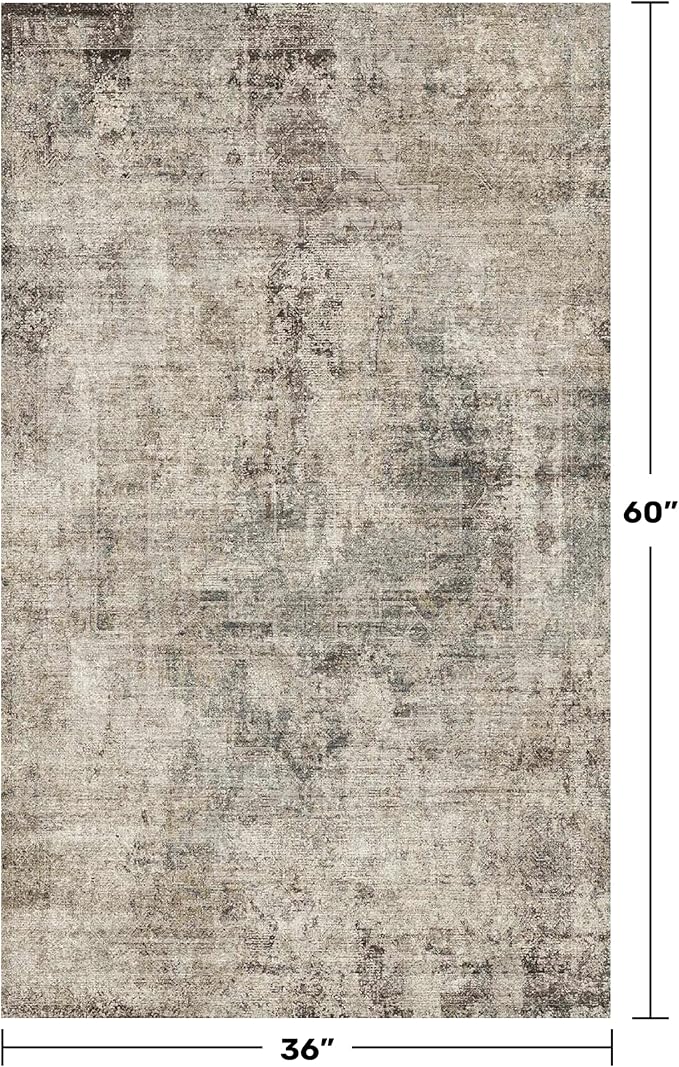 Vintage Large 3x5 Area Rug for Entryway, Slate Blue Washable Farmhouse Kitchen Rugs, Medallion Abstract Carpet for Laundry Room, Bedside, Stain Resistant Cool Room Decor