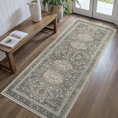 Bavni Washable Runner Rug 2x5, Non Slip Vintage Hallway Runner, Ultra Thin Low Pile Washable Carpet for Kitchen Entryway Bedroom, Grey