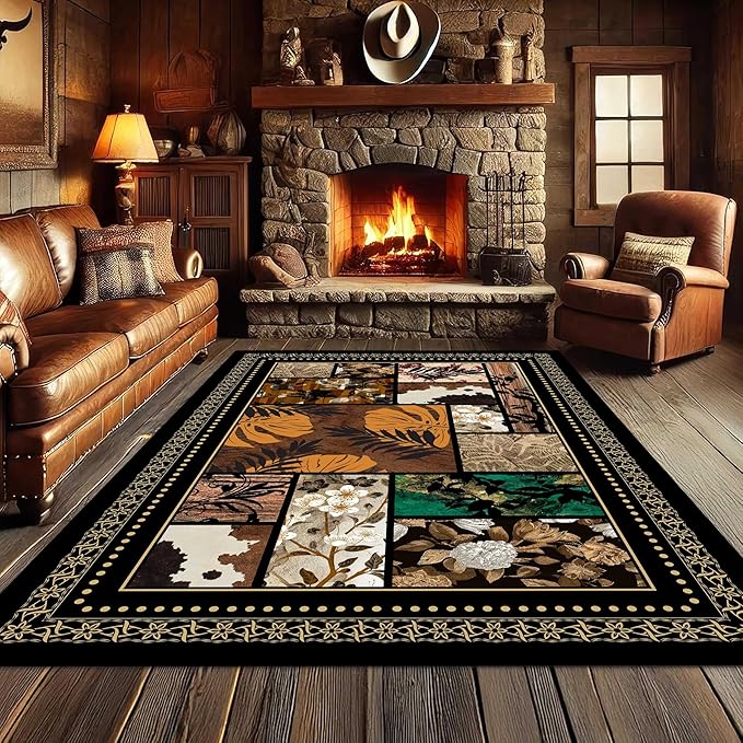 Floral Tropical Patchwork Area Rug 4x5ft, Vintage Black & Brown Country Carpet, Low Pile Non-Slip Mat for Cozy Bedroom, Dining Room, Farmhouse Decor