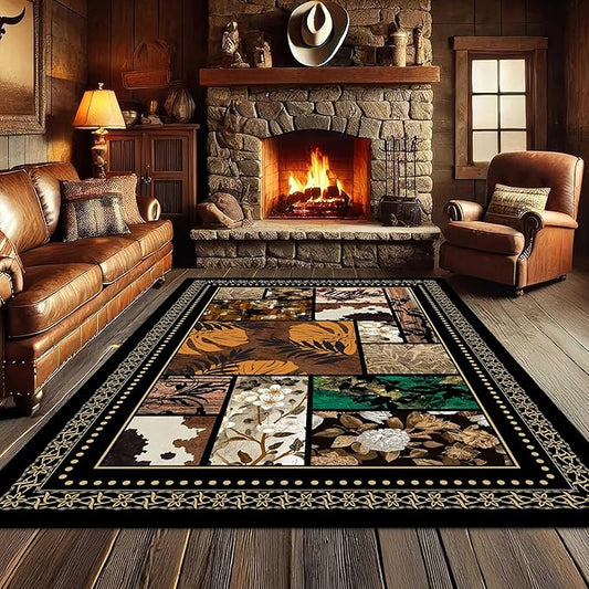 Floral Tropical Patchwork Area Rug 4x5ft, Vintage Black & Brown Country Carpet, Low Pile Non-Slip Mat for Cozy Bedroom, Dining Room, Farmhouse Decor