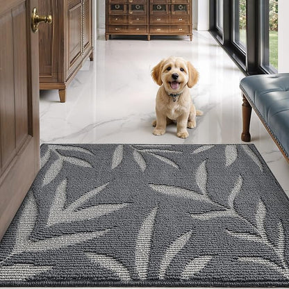 LUMI Indoor Door Mat 24x36, Washable Front Doormat with Welcome Leaf Pattern, Non-Slip Rubber Back Absorbent Mats for Entrance, Patio, Garage, Dark Grey