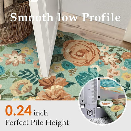 Washable Floral Area Rug 6x9 Green Living Room Large Carpet Bedroom Scalloped Flower Non Slip Soft Throw Rug Farmhouse Low Pile Thin Indoor Floor Cover for Dining Room Office