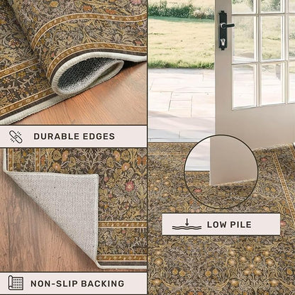 Non Slip 2x5 Gold Brown Bathroom Runner Rug - Small Runner Rugs, Washable Kitchen Floor Mat, Bedroom, Laundry Room, Hallway Runner - Vintage Oriental Décor