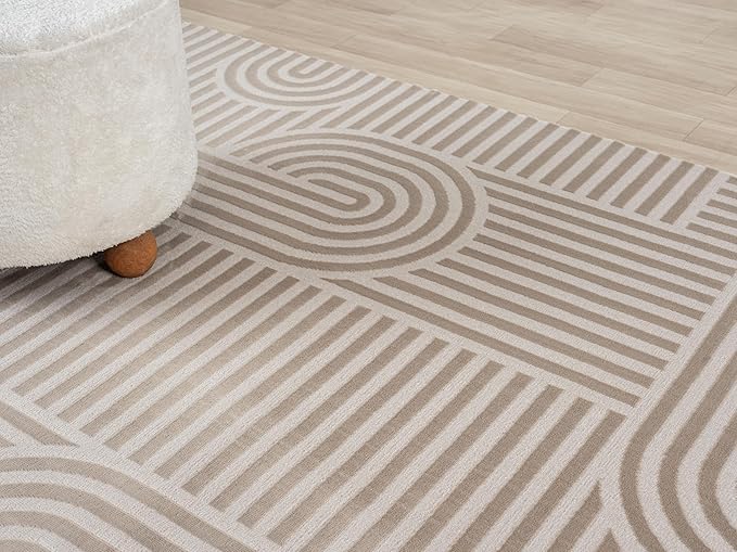 Annabel Modern Geometric Area Rug for Living Room, 8x10 Contemporary Arched Linear Beige Neutral Rug, Stain Resistant Non-Shedding Carpet for Bedroom, Dining Room, Kitchen (8' x 10', Beige)