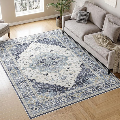 Dripex 9x12 Area Rugs - Stain Resistant Washable Rug Distressed Rugs for Living Room Dining Room Bedroom Anti-Slip Low-Pile and Soft Accent Rug Farmhouse Office Home Decor, Pet & Child Friendly