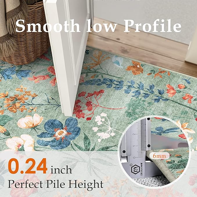 Green Area Rug 2x3 Entryway Floral Boho Door Mat Indoor Washable Kitchen Carpet Non Slip Bedroom Lightweight Low Pile Accent Rug for Bathroom Living Room Office Dining Room