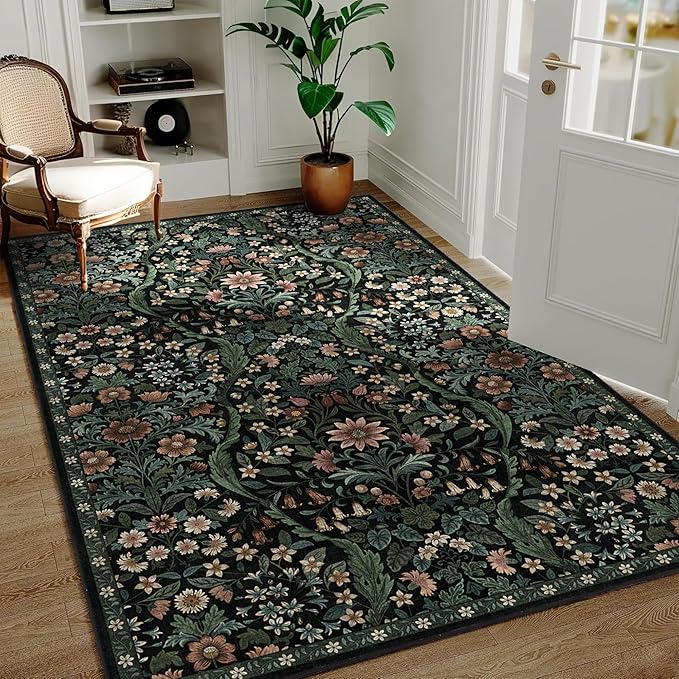 4x6 Black Floral Boho Area Rug,Low-Pile Stain Resistant Non-Slip Machine Washable Carpet for Living Room,Bedroom, Kitchen,Entryway,Dining Room, Nursery