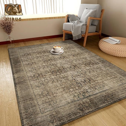 Washable Area Rug 5' x 7' Vintage Traditional Persian Mat - Foldable Distressed Non-Slip Machine Washable Carpet for Living Room Bedroom Kitchen Home Decor - Mocha and Taupe