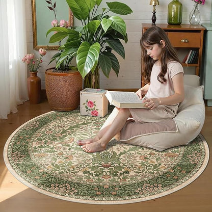 4ft Round Area Rugs for Living Room, Washable Floral Circle Rug Non Slip Low Pile, Vintage Boho Botanical Birds Throw Carpet for Farmhouse, Bedroom, Dining Room, Retro Pink/Green