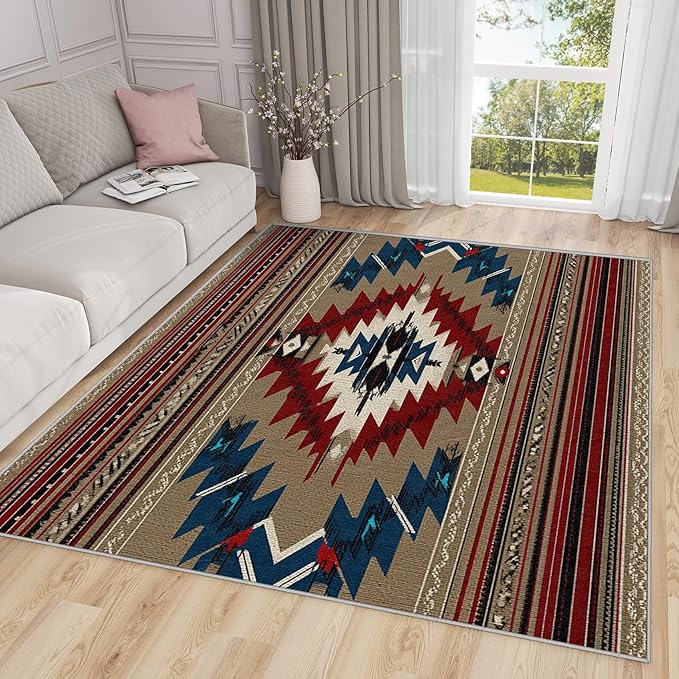 Navajo Rugs for Bedroom - 4x5ft - Southwestern Tribal Ethnic Rustic Cabin Rugs for Living Room Non Slip Low Pile Machine Washable Area Rug, Navajo Carpets Home Decor & Gifts