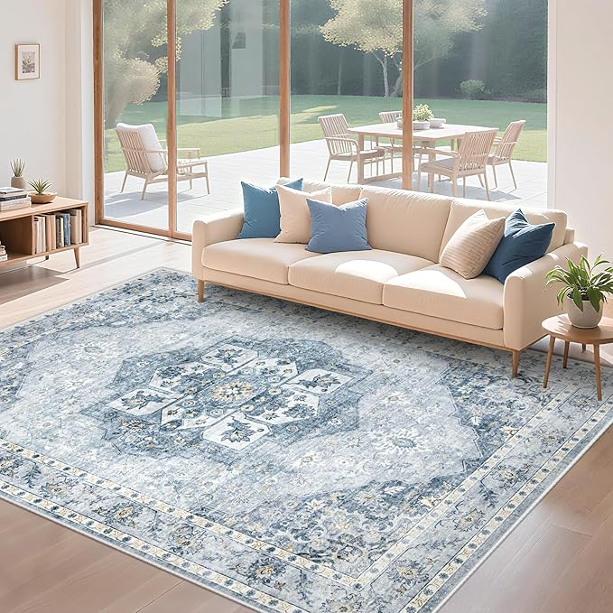 5x7 Area Rugs Washable Rugs for Living Room, Vintage Boho Rug Non-Slip Soft Floral Distressed Rug Low Pile Stain Resistant Carpet for Bedroom Nursery Office Dining Room Farmhouse Dorm(Blue, 5'x7')