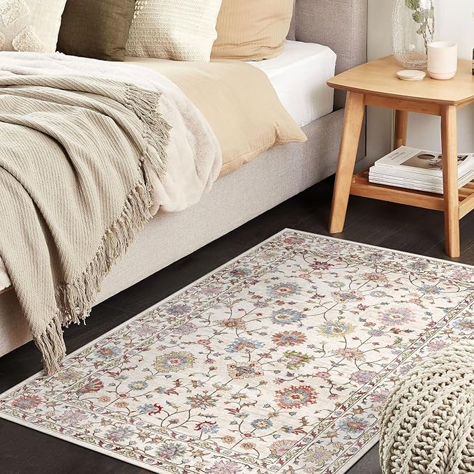 2x3 Washable Entryway Rug - Small Entry Rug Non-Slip Cream Colorful Vintage Traditional Floral Kitchen Rugs Low Pile Boho Carpet Throw Rugs for Bedroom Bathroom Entrance Dorm Laundry Room