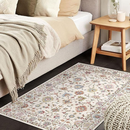 2x3 Washable Entryway Rug - Small Entry Rug Non-Slip Cream Colorful Vintage Traditional Floral Kitchen Rugs Low Pile Boho Carpet Throw Rugs for Bedroom Bathroom Entrance Dorm Laundry Room