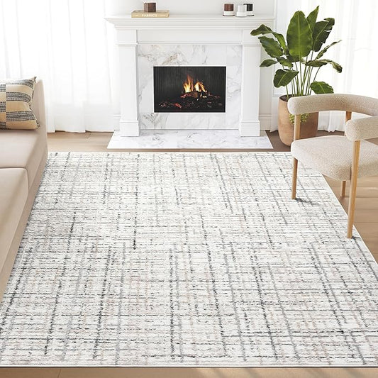 Abani Grey Area Rug for Living Room, Bedroom - Crosshatch Pattern- 6' x 9' -Durable & Easy to Clean