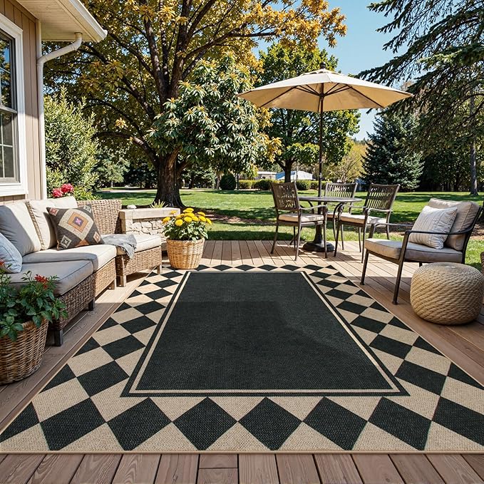 Moynesa Easy Jute Outdoor Rug 8x10 Area Rugs for Living Room, Washable Checkered Indoor Outdoor Patio Rug Non Slip, Farmhouse Carpet for Bedroom Dining Room Table, Black Grid Pattern