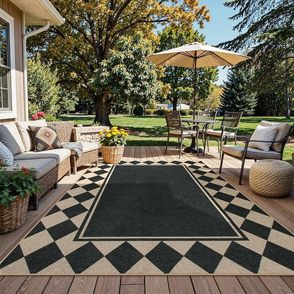 Moynesa Easy Jute Outdoor Rug 8x10 Area Rugs for Living Room, Washable Checkered Indoor Outdoor Patio Rug Non Slip, Farmhouse Carpet for Bedroom Dining Room Table, Black Grid Pattern