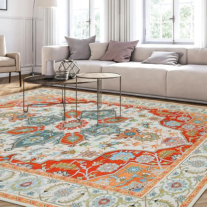 WILLSUN Washable Area Rugs, 9x12 Non-Slip Boho Large Area Rugs for Living Room, Bedroom, Machine Washable Vintage Rug, Indoor Floral Print Carpet for Home Decor, Kid & Pet Friendly Mat