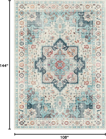 GENIMO 9x12 Area Rugs for Living Room, Machine Washable Non Slip Vintage Rugs, Low Pile Lightweight Chenille Print Rug for Bedroom, Dining Room, Home Office, Turquoise