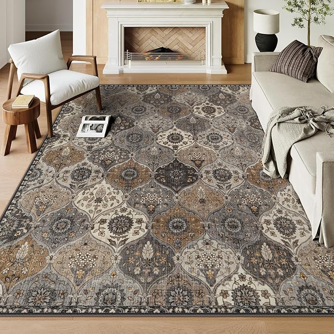 Lahome Moroccan 8x10 Area Rugs for Living Room, Washable Rugs 8x10 Ultra-Thin Oriental Non-Slip Non Shedding Accent Carpet for Bedroom Dining Room Office Nursery, Grey