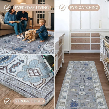Grey Oushak Rug, Modern, Vintage, Turkish, Eclectic, Floral, Pastel, Washable, Extra Large Area Rugs for Living Room, Dining, Bedroom, Lounge, 9'x12'