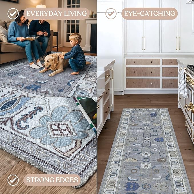 Fame Living Grey Oushak Rug, Modern, Vintage, Turkish, Eclectic, Floral, Pastel, Washable, Area Rugs for Living Room, Dining, Bedroom, Nursery, Girls, Boys, 5'9"x8'9"
