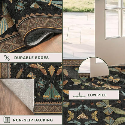 Big Black Area Rug for Living Room - Washable 10x14 Area Rug, Dining Room Rugs for Under Table, Soft Low Pile for Large Bedroom - Insect Witch Dark Moody Bug Decor, Non-Slip & Stain Resistance