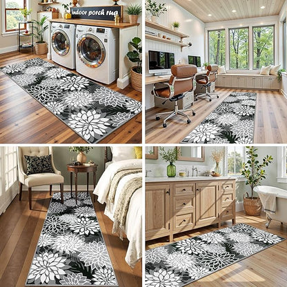 2x6 Washable Runner Rug for Hallway Tropical Botanical Modern Floral Chenille Kitchen Rugs Low Pile Non Slip Carpet for Patio, Bedroom, Laundry, Black