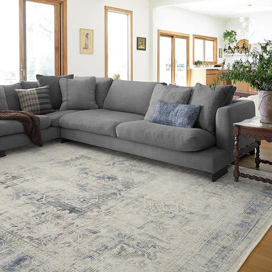 RUGGABLE Washable Vintage Area Rug – Kamran Blue Quartz 10x14, Stain-Resistant, Non-Slip – Large Machine Washable Rugs for Living Room, Bedroom, Hallway, Entryway & Office–with Standard Pad
