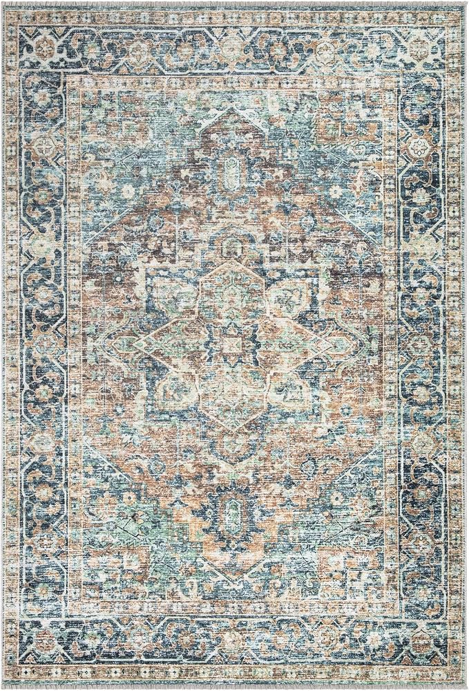 Bloom Rugs Caria Washable Non-Slip 5x7 Rug - Blue Green/Tangerine Traditional Area Rug for Living Room, Bedroom, Dining Room, and Kitchen - Exact Size: 5' x 7'