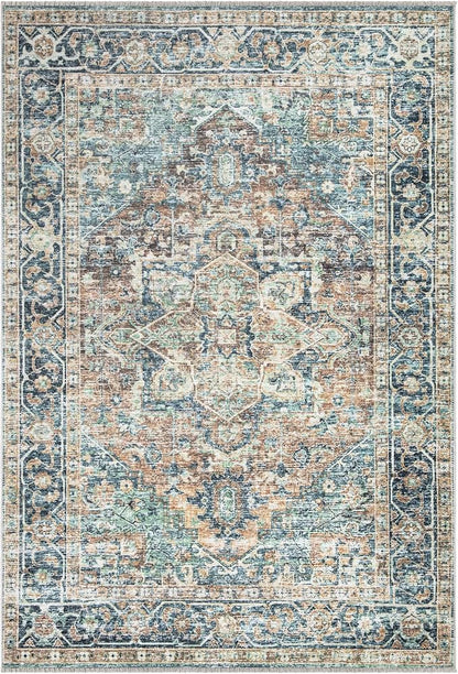 Bloom Rugs Caria Washable Non-Slip 3x5 Rug - Blue Green/Tangerine Traditional Area Rug for Living Room, Bedroom, Dining Room, and Kitchen - Exact Size: 3' x 5'