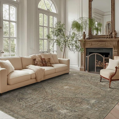 vivorug 9x12 Area Rugs for Living Room, Non Slip Machine Washable Vintage Rug, Ultra-Thin Lightweight Large Area Rug for Bedroom, Dining Room, Low Pile Rug Olive