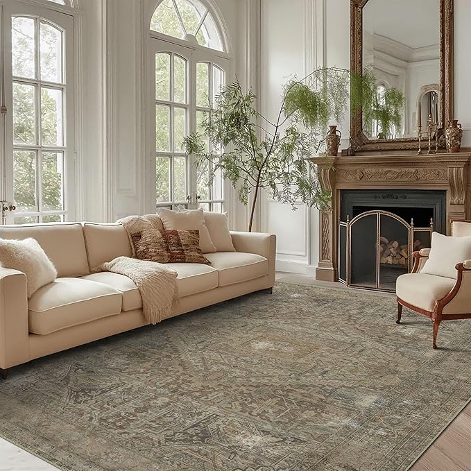 vivorug 9x12 Area Rugs for Living Room, Non Slip Machine Washable Vintage Rug, Ultra-Thin Lightweight Large Area Rug for Bedroom, Dining Room, Low Pile Rug Olive