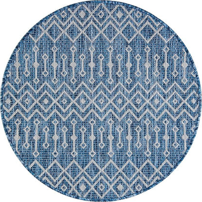 Unique Loom Outdoor Trellis Collection Area Rug - Tribal Trellis (3' 1" Round, Blue/ Ivory)