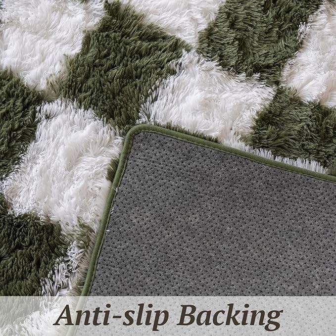 6x9 Area Rugs for Living Room Bedroom, Soft Fluffy Shaggy Bedside Rug, Indoor Floor Carpet for Kids Playroom, Dorms, Nursery Rooms, Home Decor (Olive Green & White 6'x9')