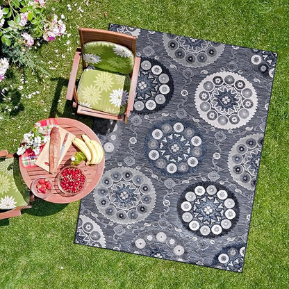 CAMILSON Indoor Outdoor Rug 5x7 Bohemian Medallion Floral Area Rugs for Indoor and Outdoor Patios Easy-Cleaning Non-Shedding Living Room Garden and Kitchen Washable Outside Carpet (5 x 7 / Navy)
