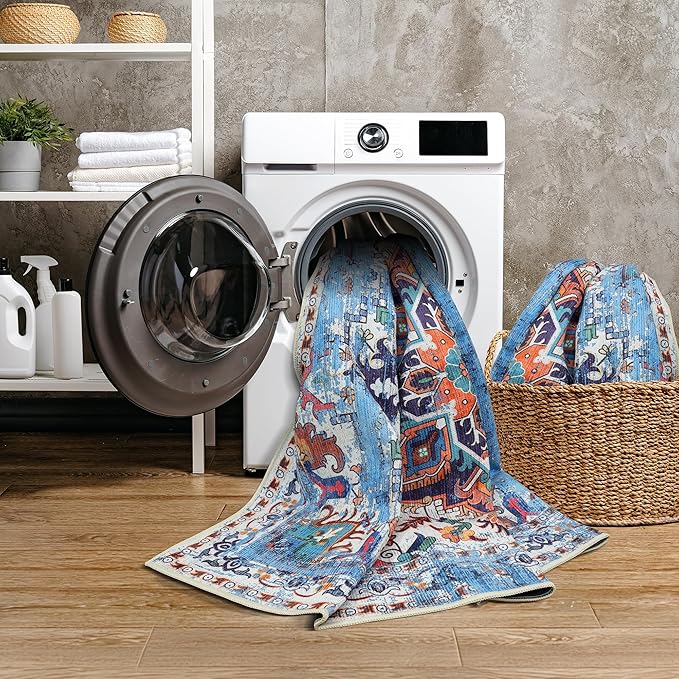 GLN Rugs Traditional Collection - Machine Washable Area Rug, Traditional Washable, Non Slip, Low Pile Chenille Rug, Living Room, Bedroom, Kitchen Rug (9' x 12' Blue/Multicolor)