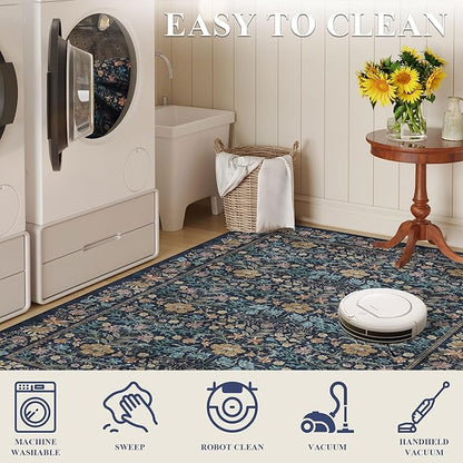 DUKINO 6x9 Rugs for Living Room, Vintage Washable Rug with Non Slip Backing, Floral Low Pile & Non-Shedding Large Area Carpets for Bedroom, Dining Room, Farmhouse, Home Office, Dark Blue