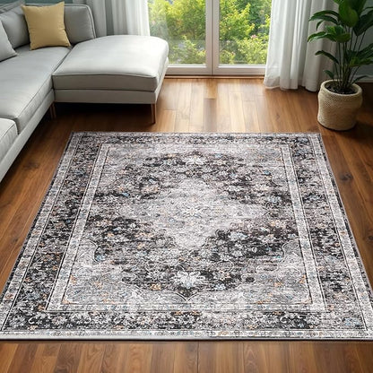 Area Rug - 9x12 Large Dining Room Rug Soft Living Room Mat, Vintage Washable Indoor Floor Throw Carpet for Bedroom, Playroom, Home Office (Dark Grey)