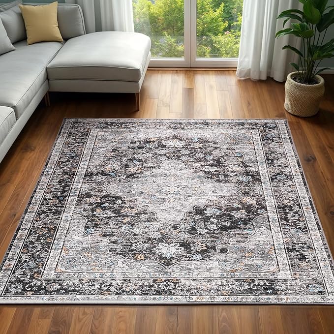 Rugs for Living Room, 8x10 Large Area Rugs Ultra Soft Washable, Vintage Boho Faux Wool Carpet for Dining Room, Bedroom, Office, Home Decor (Dark Grey)