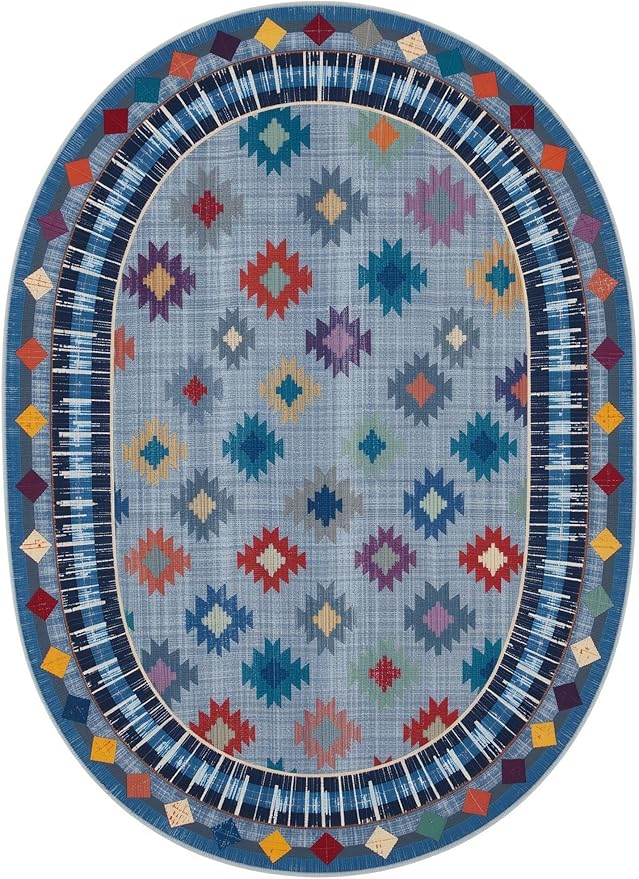 Funky Vintage Blue Red Orange Geometric Texture Indoor Area Rug for Living Room Bedroo Dining Room Faux Wool Soft Low Pile Oval Rugs 8x10 Entrance Nursery Farmhouse Rustic Country Home Office Carpet