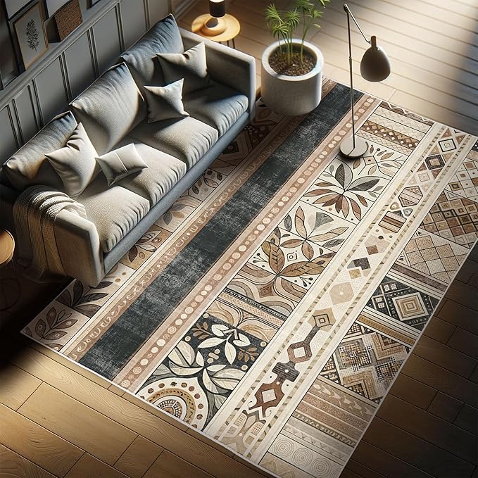 Ambesonne Southwestern Decorative Rug, Geometric Designs with Botanical Forms in Earthy Ethnic Color Palette, Quality Carpet for Bedroom Dorm and Living Room, 2' 2" x 3' 7", Black Brown Grey
