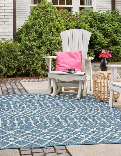 Unique Loom Outdoor Trellis Collection Area Rug - Tribal Trellis (10' Square, Blue/ Ivory)