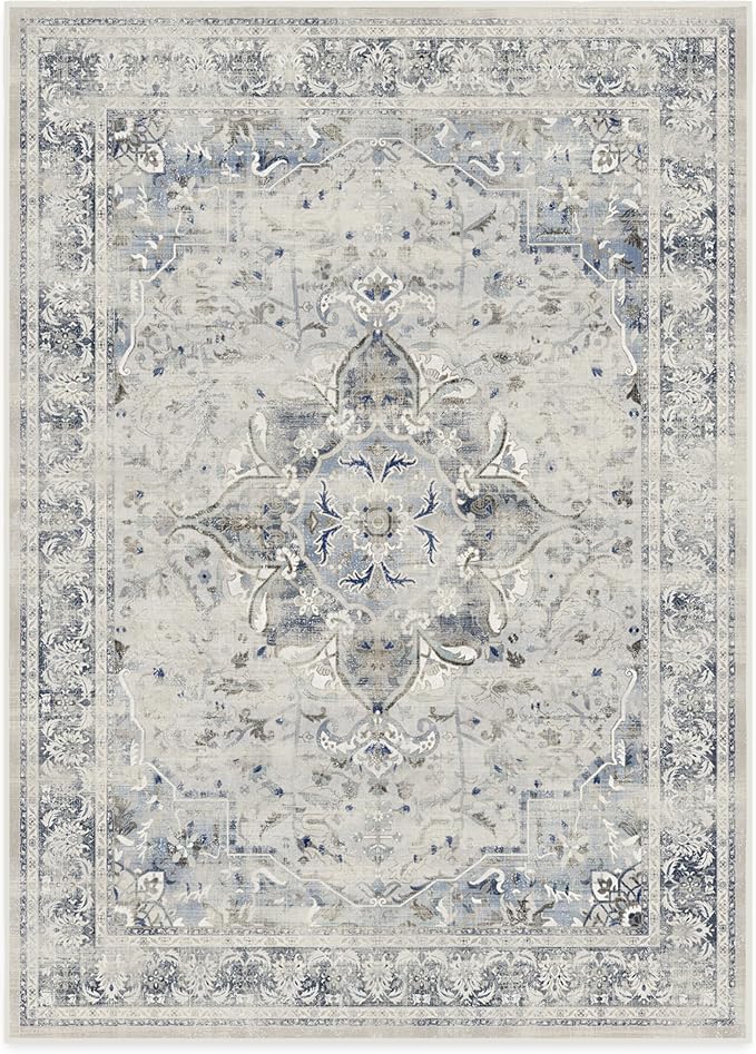 RUGGABLE Washable Vintage Area Rug – Sarrah Blue Quartz 10x14, Stain-Resistant, Non-Slip – Large Machine Washable Rugs for Living Room, Bedroom, Hallway, Entryway & Office–with Cushioned Pad