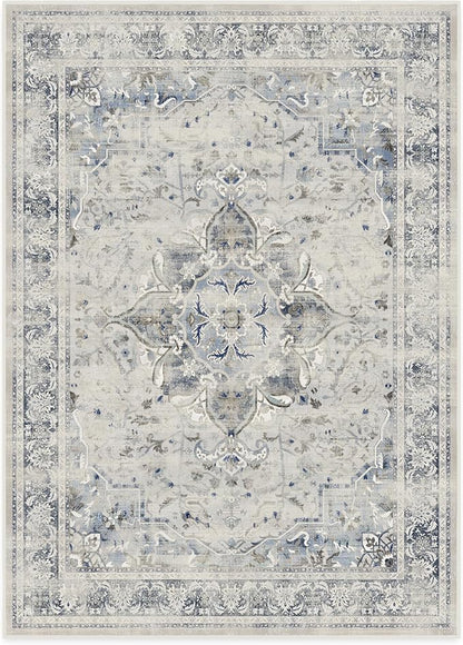 RUGGABLE Washable Vintage Area Rug – Sarrah Blue Quartz 10x14, Stain-Resistant, Non-Slip – Large Machine Washable Rugs for Living Room, Bedroom, Hallway, Entryway & Office–with Cushioned Pad