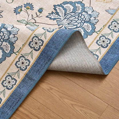 jinchan Elora 3x10 Floral Runner Rug for Hallway Washable Runner Vintage Romance Design Non Slip Thin Indoor Floor Cover Low-Profile Throw Carpet for Entryway Bathroom Bedroom Porch, Blue/Beige