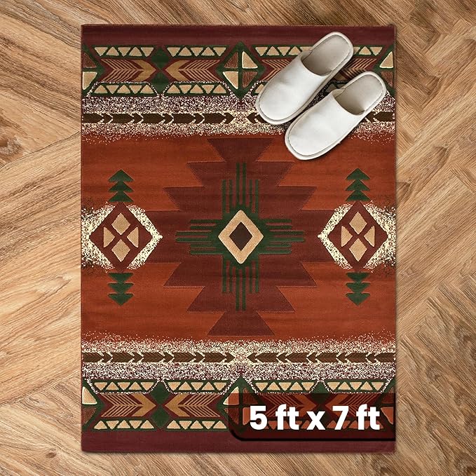 YHSF South West Native American Area Rug C318 - Easy Clean, Thick, Soft, Durable Native Tribal American Indian Inspired Rug for Bedroom/Living Room and More - Rust, 5 Feet x 7 Feet