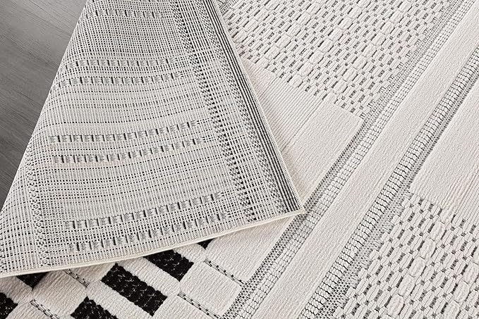 CAMILSON Modern Rug 9x12 Luxury Geometric Pattern Large Micro Loop Area Rugs Soft High-Low Pile Stain Resistant Easy to Clean Non-Shedding Durable Living Room Bedroom Indoor Carpet (White/Black)