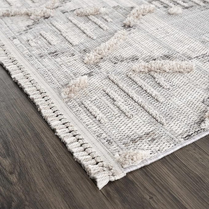 Hauteloom Bogtong Farmhouse Living Room Bedroom Moroccan Trellis Area Rug - Soft Shaggy High Low Carpet - High Pile - Bohemian, Boho - Gray, Beige, Cream - 7'10" x 10'